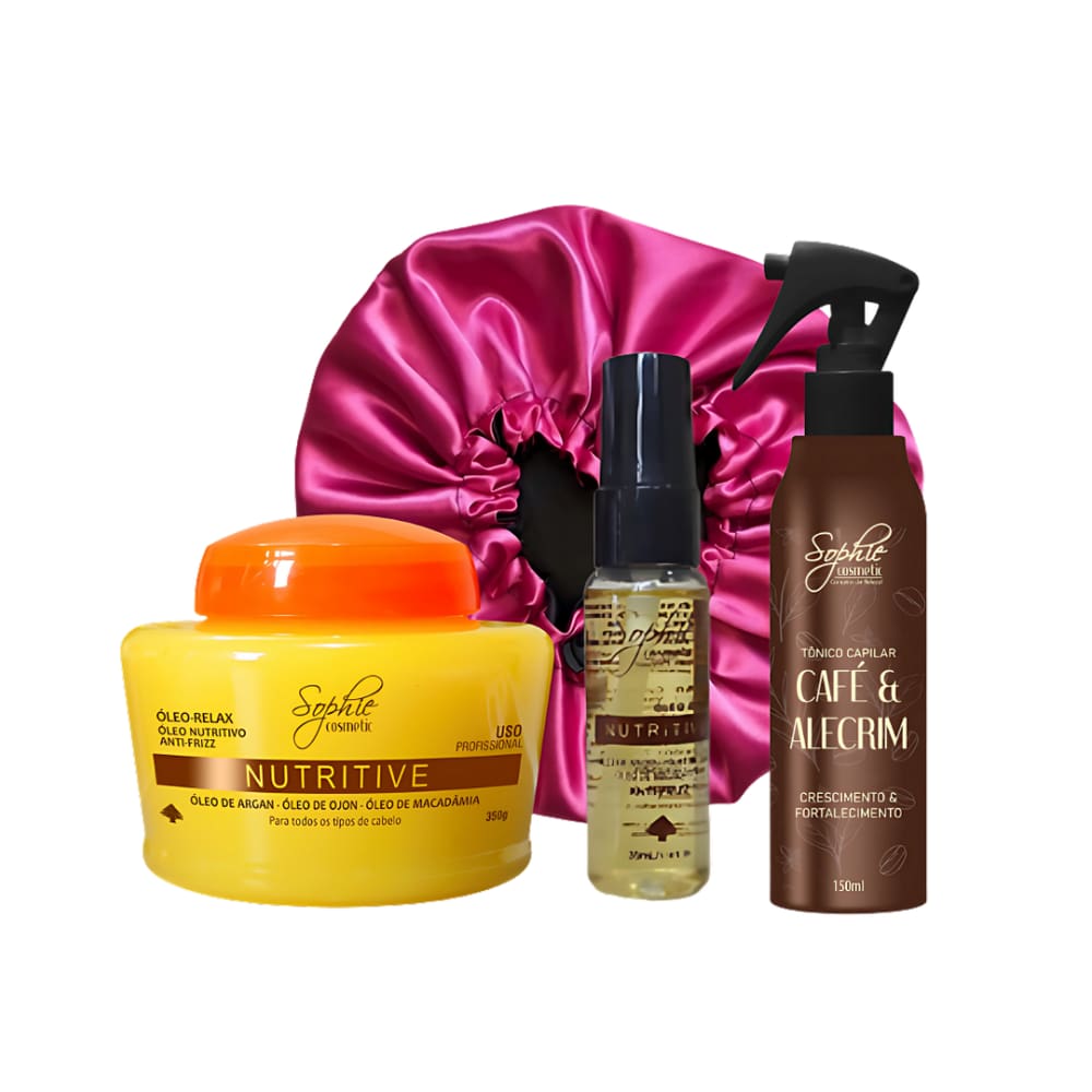 Máscara Nutritiva 350g + Loção Capilar 35ml + Sérum Finalizador + Touca de Cetim - Sophie Cosmetic