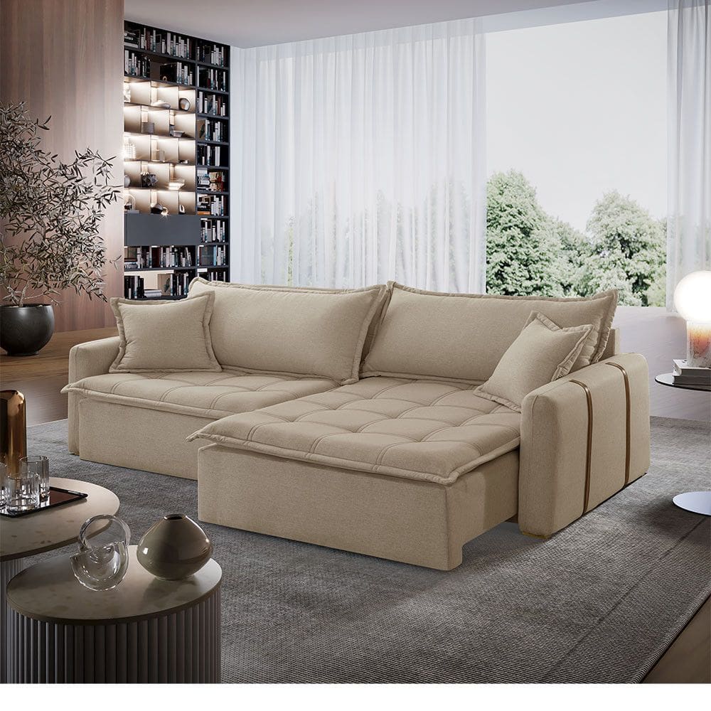 Sofá Cama Linho em Madeira Eucalipto 240cm Braço 20cm Arizona Meu Sofá Online