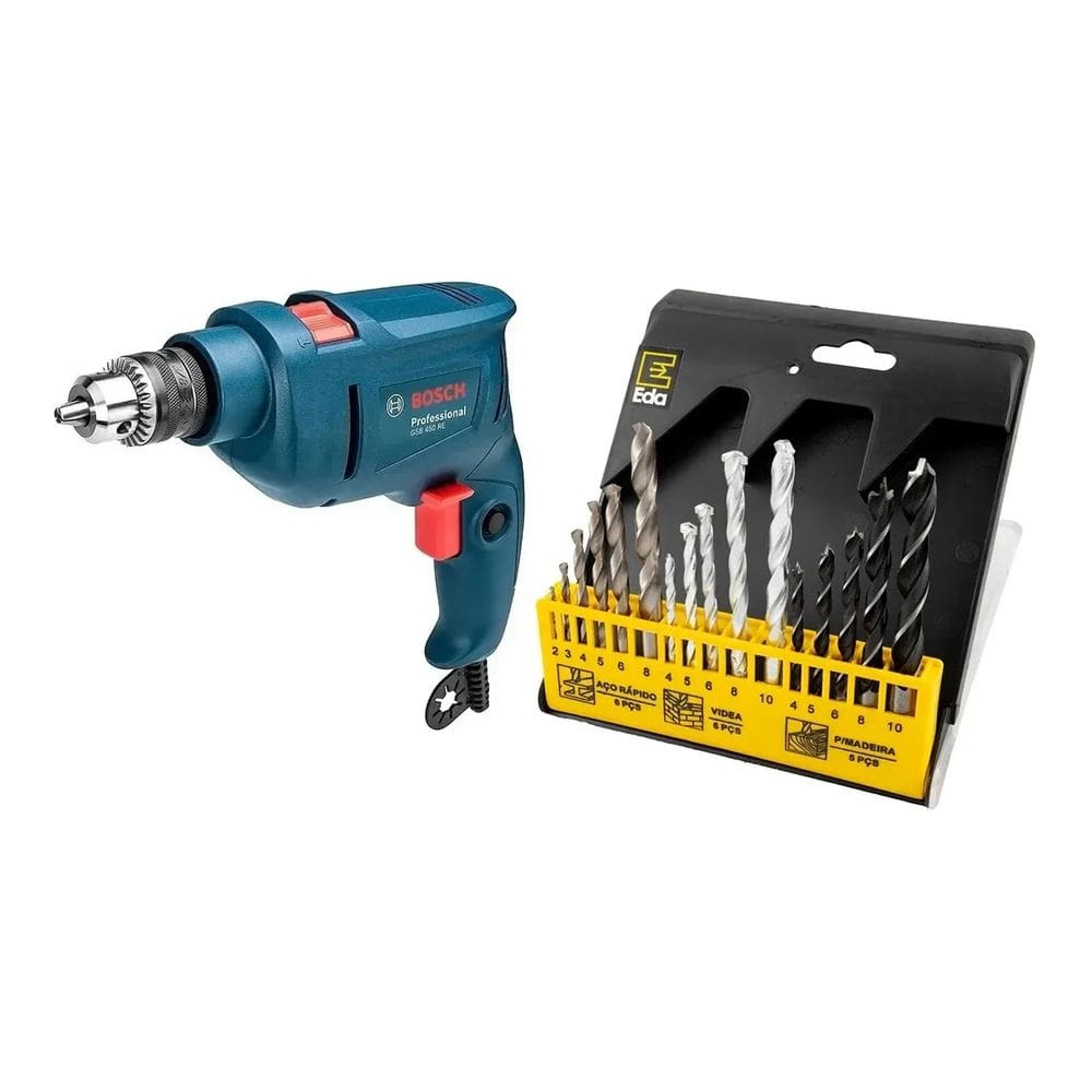 Kit Furadeira Impacto Bosch 450w 220v Jogo Brocas 16 Pçs Eda