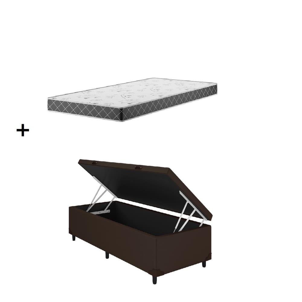 Cama Baú Solteiro Marrom Colchão D20 88x188x12