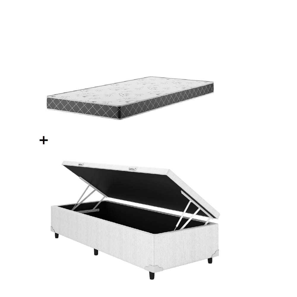 Cama Baú Solteiro Branco Colchão D20 88x188x12