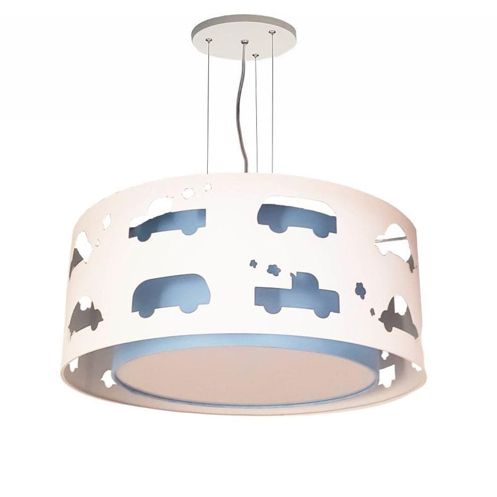 Lustre Infantil Pendente Recorte Carrinhos 50X16 Azul Bebê