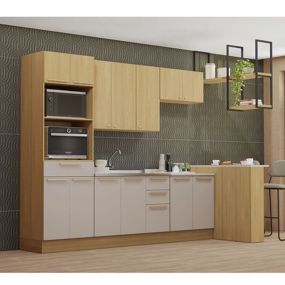 Cozinha Completa 6 Peças com Espaço para Micro-ondas, Ilha e Tampo 347cm Elegance Luciane Móveis