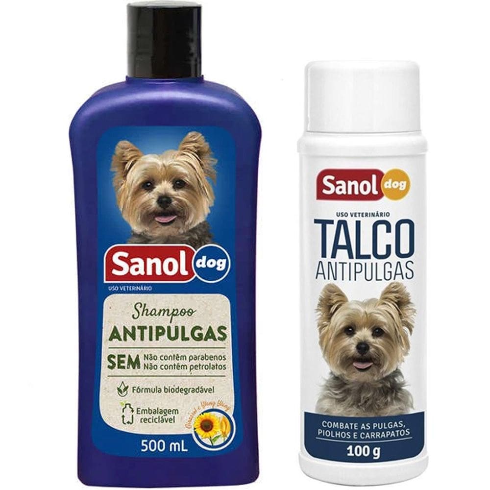 Kit banho e controle de pulgas cães: Shampoo Anti pulgas para cachorro + Talco Antipulgas Sanol