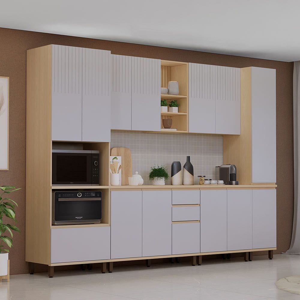 Cozinha Completa 6 Peças com Espaço para Micro-ondas e Tampo 310cm Aura Luciane Móveis