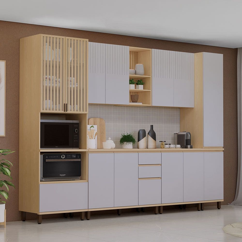 Cozinha Completa 6 Peças com Espaço para Micro-ondas e Tampo 310cm Aura Luciane Móveis