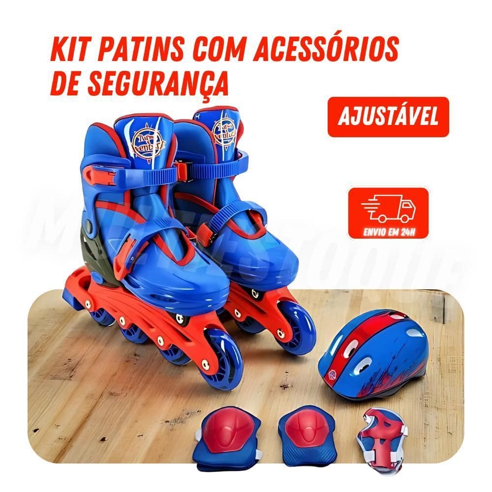 Kit Patins Azul Com Acessórios De Segurança - Tam. 30-33