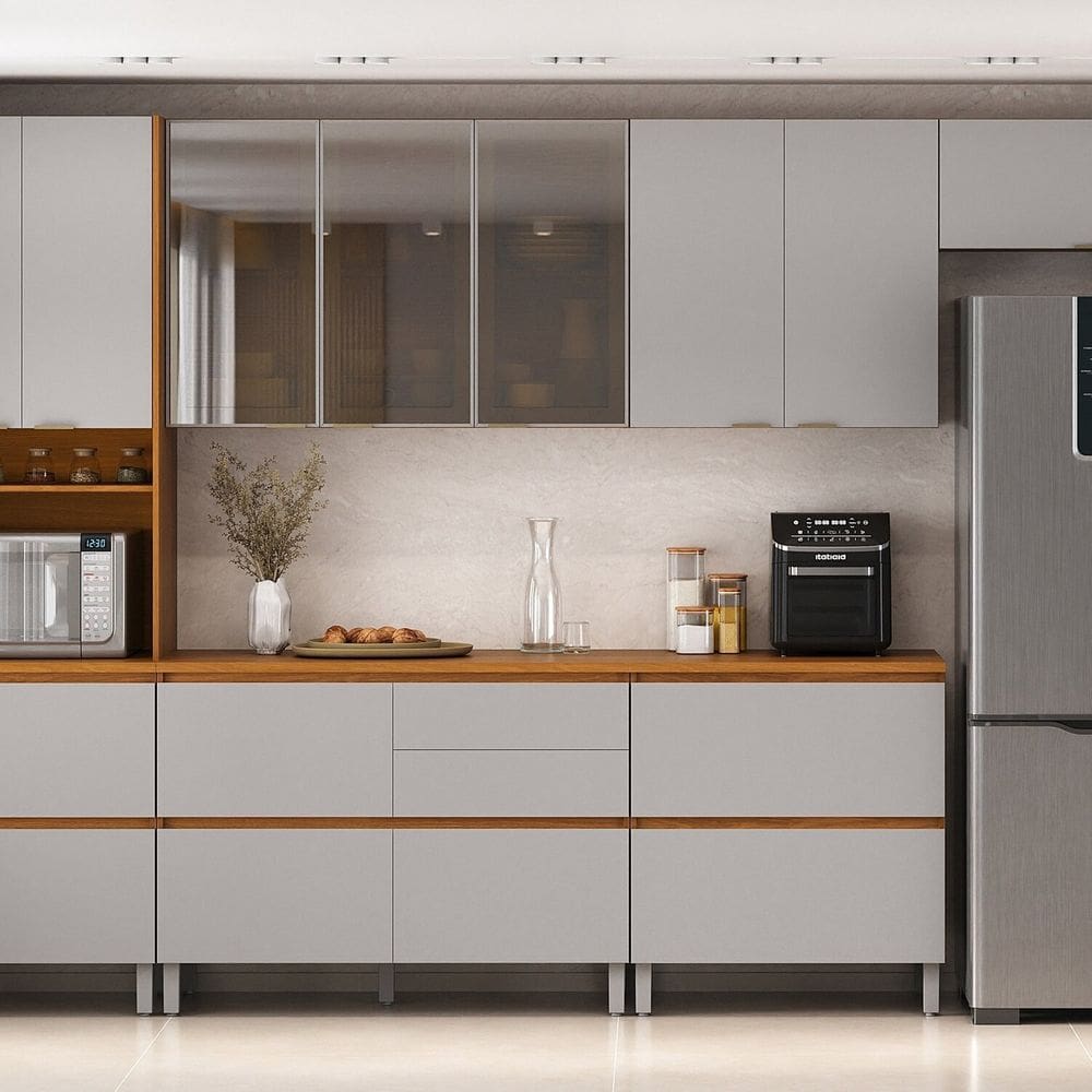 Cozinha Completa Modulada 6 Peças 100% Mdf Lumina Itatiaia Cinamomo/Cinza