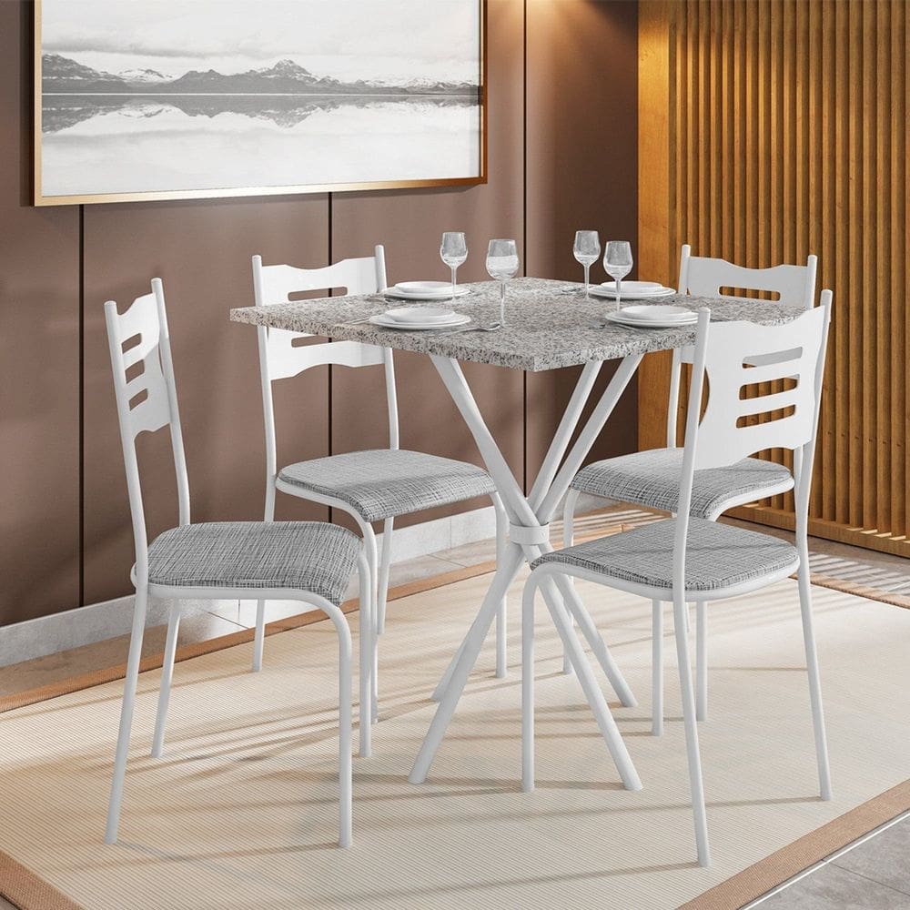 Conjunto Mesa com 4 Cadeiras e Tampo Quadrado Diamante Branco/Cinza