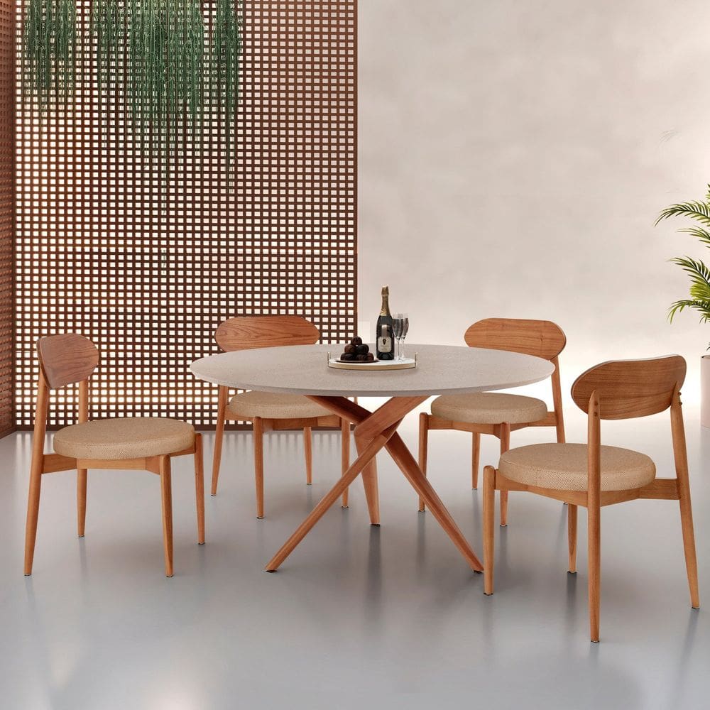 Conjunto Sala de Jantar Mesa 135cm Tampo Redondo Texturizado e 4 Cadeiras Hope Palha / Imbuia Natural / Off White