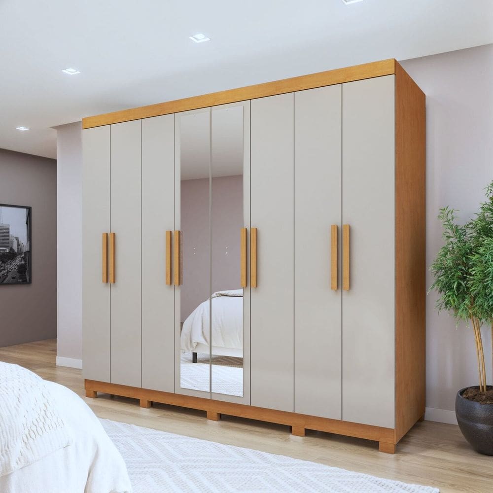 Guarda-roupa 8 Portas 4 Gavetas com Espelho e com Pé Andara Soft Amêndoa Clean/Off White