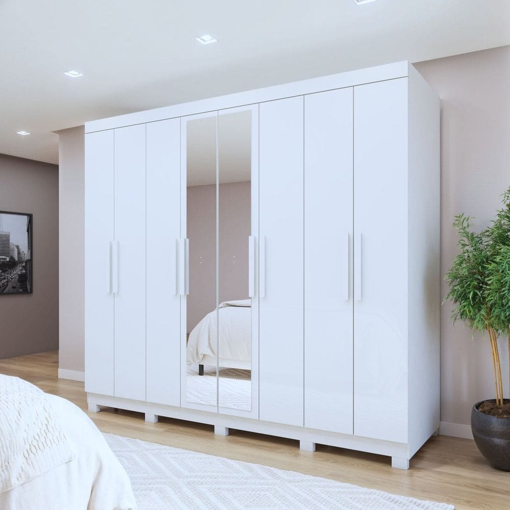 Guarda-roupa 8 Portas 4 Gavetas com Espelho e com Pé Andara Soft Branco