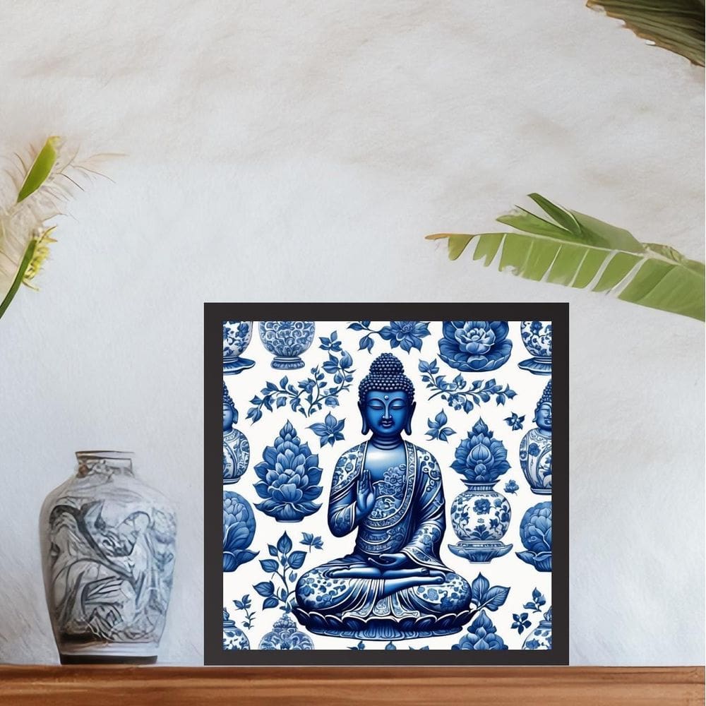 Quadro Buda Azul Estilo Azulejo Português - 33X33Cm