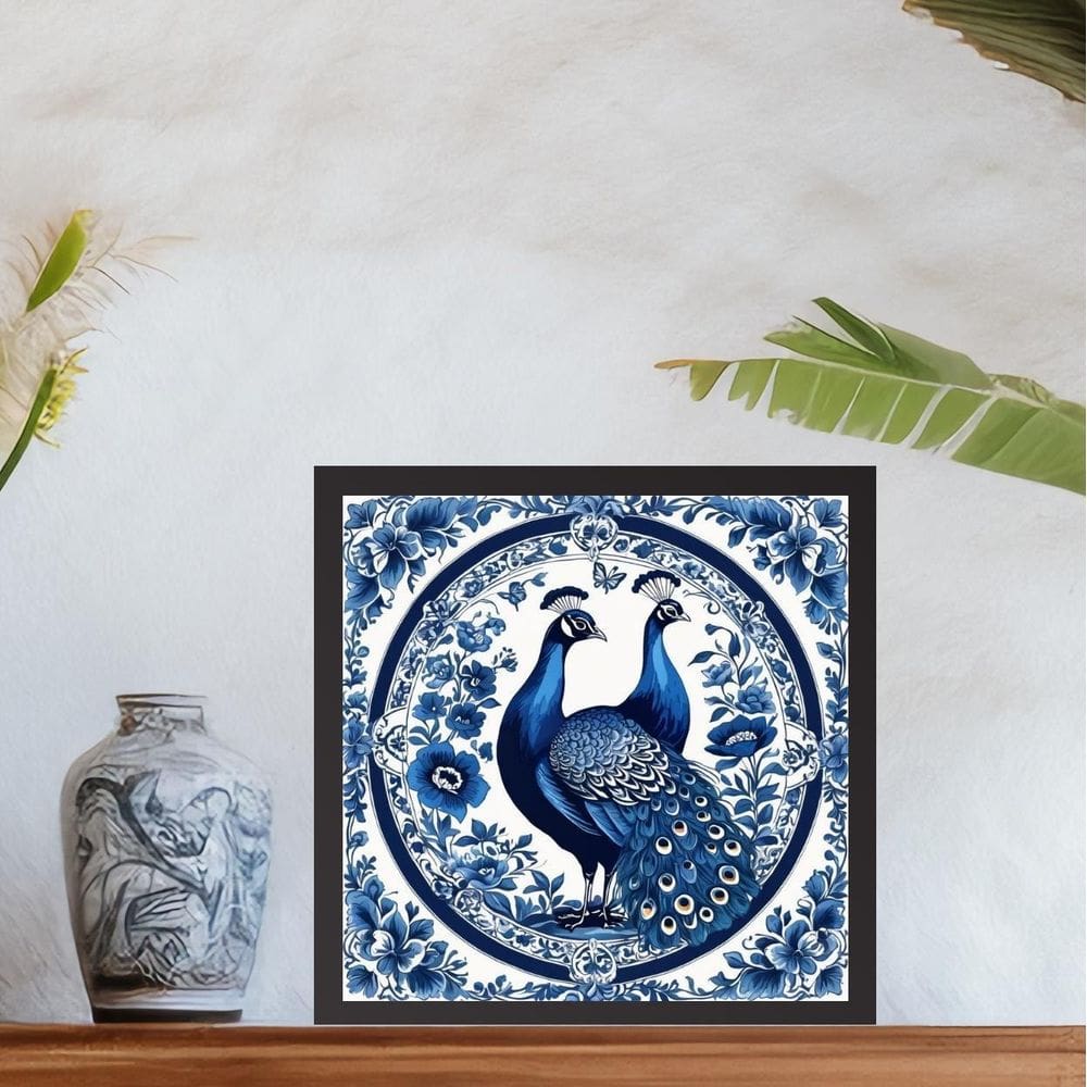 Quadro Pavão Estilo Azulejo Português - 33X33Cm