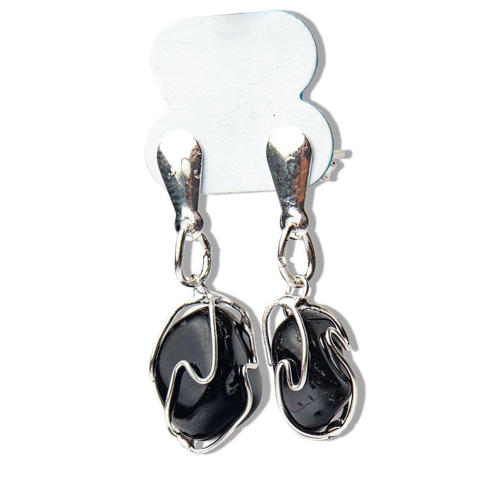 01 Brinco Cesta Amarrada Pedra Obsidiana Negra Prateado