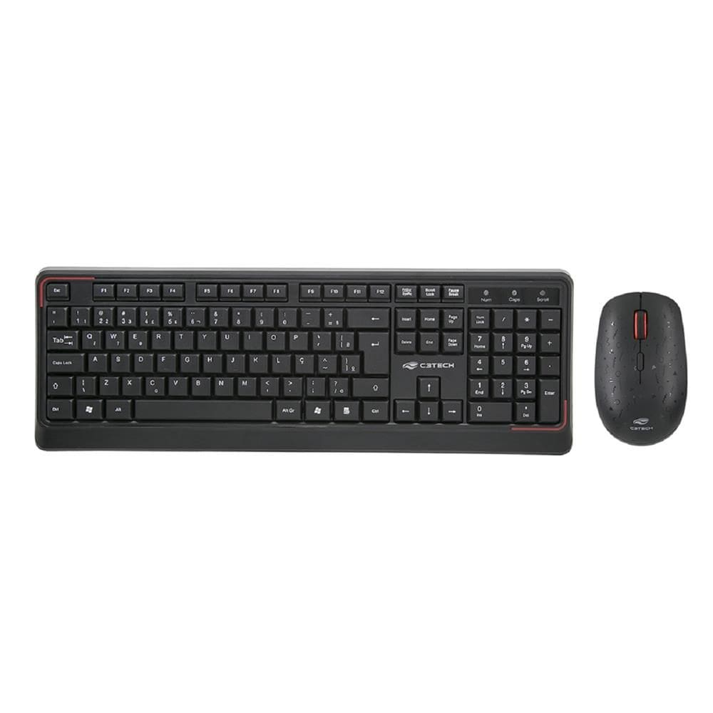 Kit Teclado e Mouse Sem Fio C3Tech K-W70BK, 2.4GHz, DPI 1600, 4 Botões, ABNT2, Membrana, USB