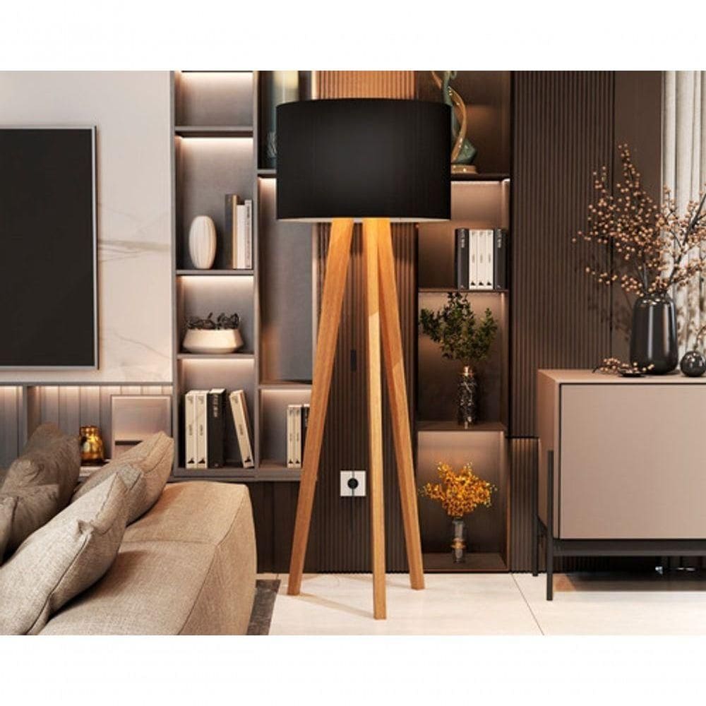 Luminária De Chão Abajur Com Cúpula E Pés De Madeira Mobigu Preto