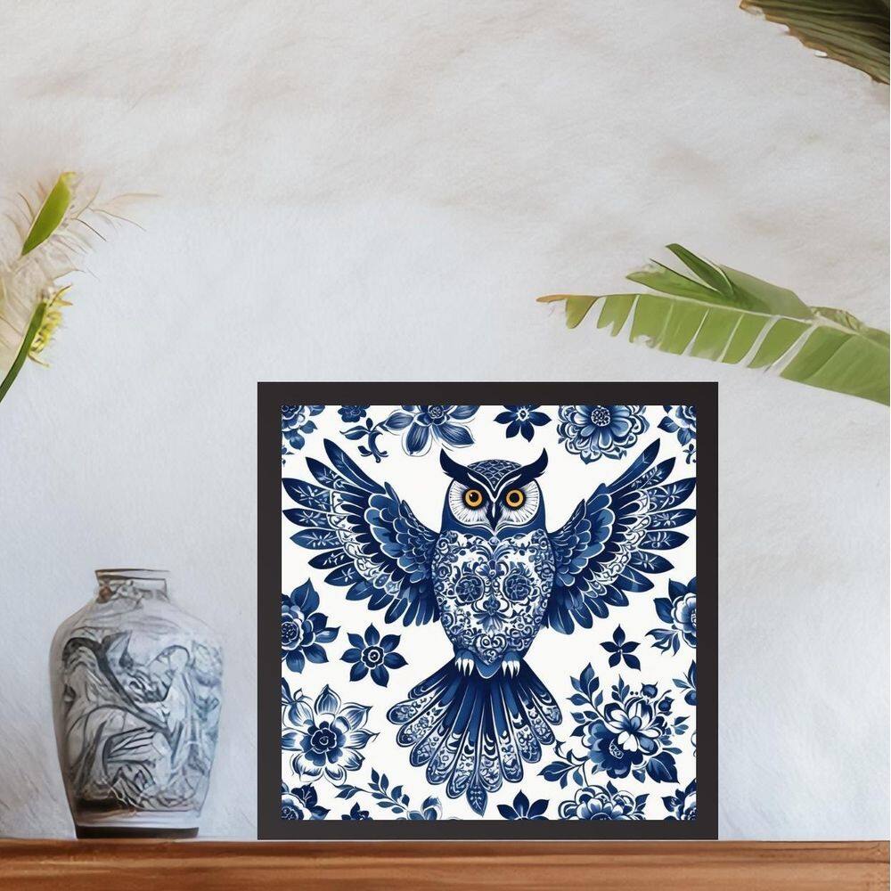 Quadro Coruja Floral Estilo Azulejo Português - 33X33Cm