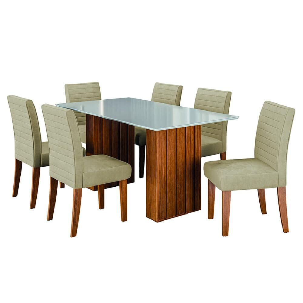 Conjunto de Mesa Sala de Jantar Ripada Tampo com Vidro Santiago 1,60m 6 Cadeiras Creta Dobuê