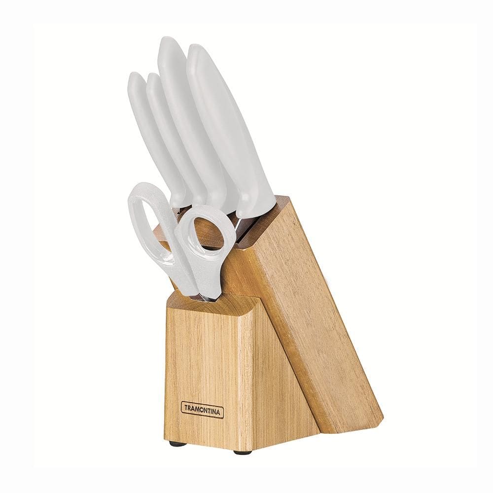 Jogo Facas Plenus Lâminas Inox Cabos Branco Off White Suporte Madeira 6pc - Tramontina 23498315