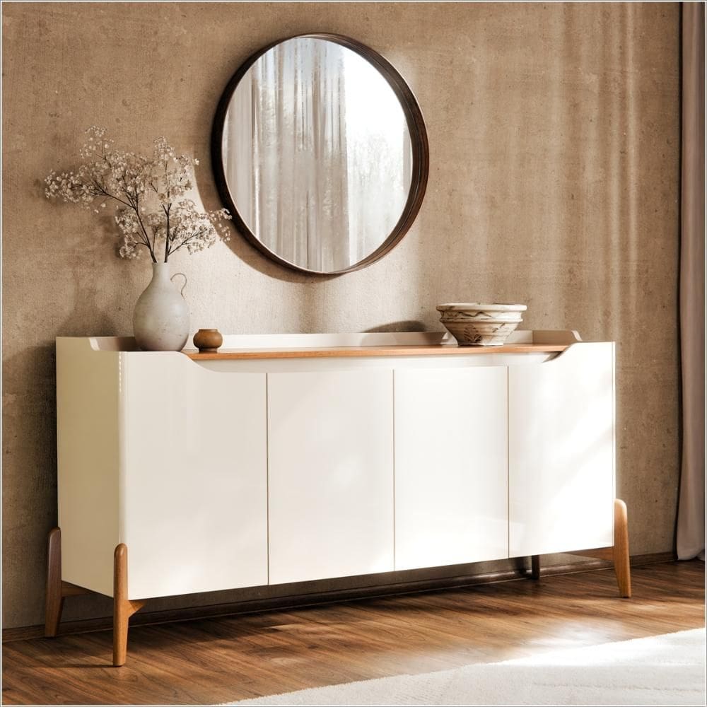 Buffet Studio 1,60m Off White Nature com 4 Portas e Pés de Madeira Maciça 70333 Imcal