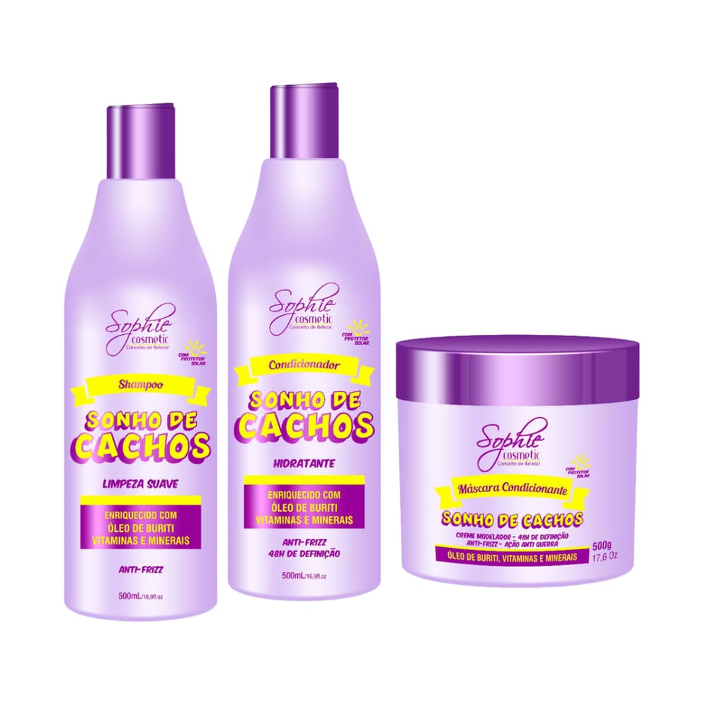 Kit Sonho de Cachos Manutenção Shampoo + Condicionador + Máscara 500ml Sophie Cosmetic