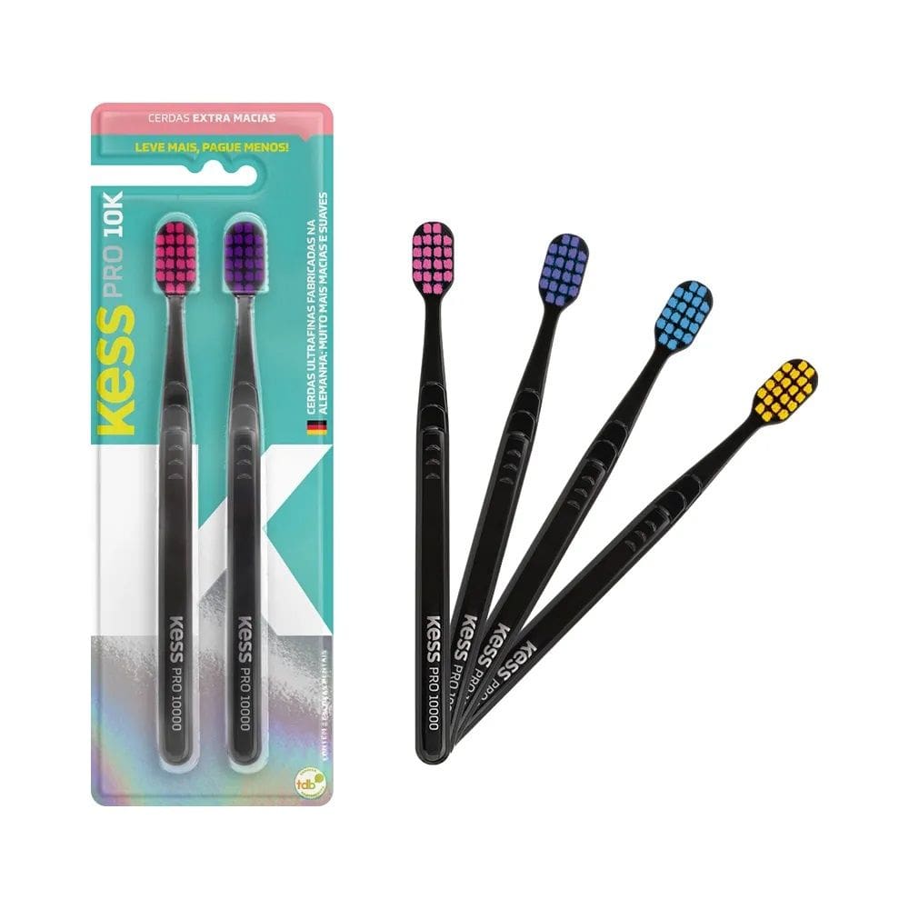 2 Escovas Dentais Pro10k Cerdas Extra Macias Preta Kess