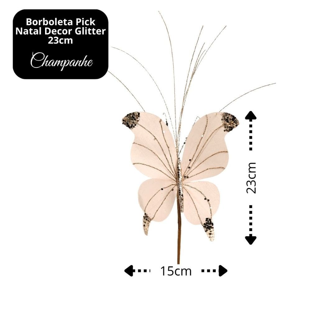 Kit 4 Borboletas Pick Natal Champanhe Full Glitter Luxo 23cm - Magizi