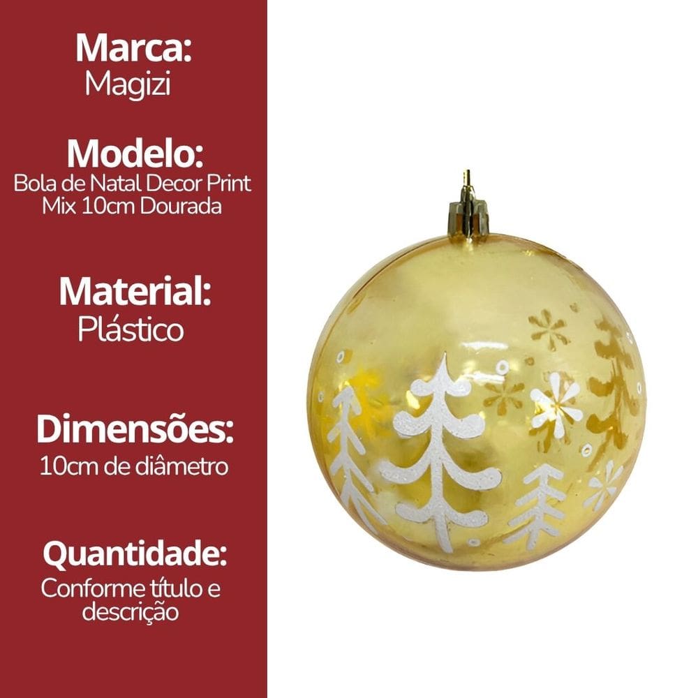 Bola de Natal Decorada Print Mix Dourada Translúcida Luxo 10cm - Magizi