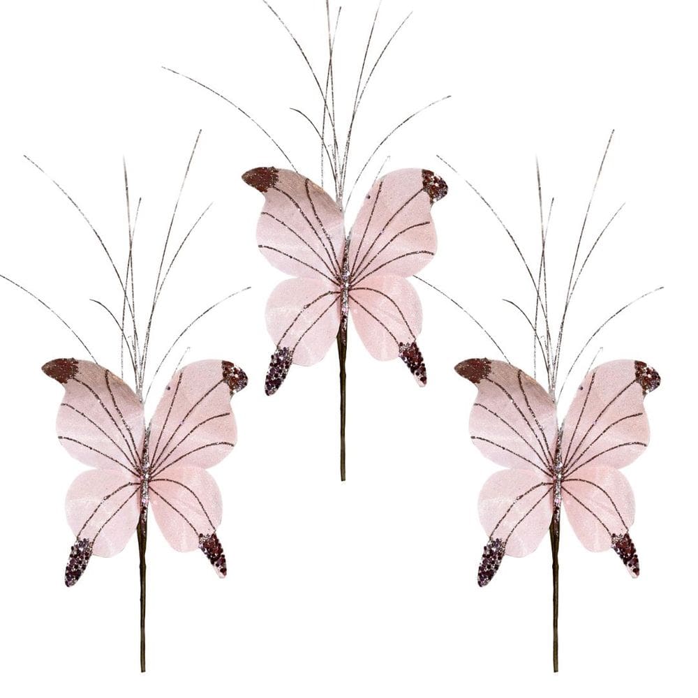 Kit 3 Borboletas Pick Natal Rosê Full Glitter Luxo 23cm - Magizi