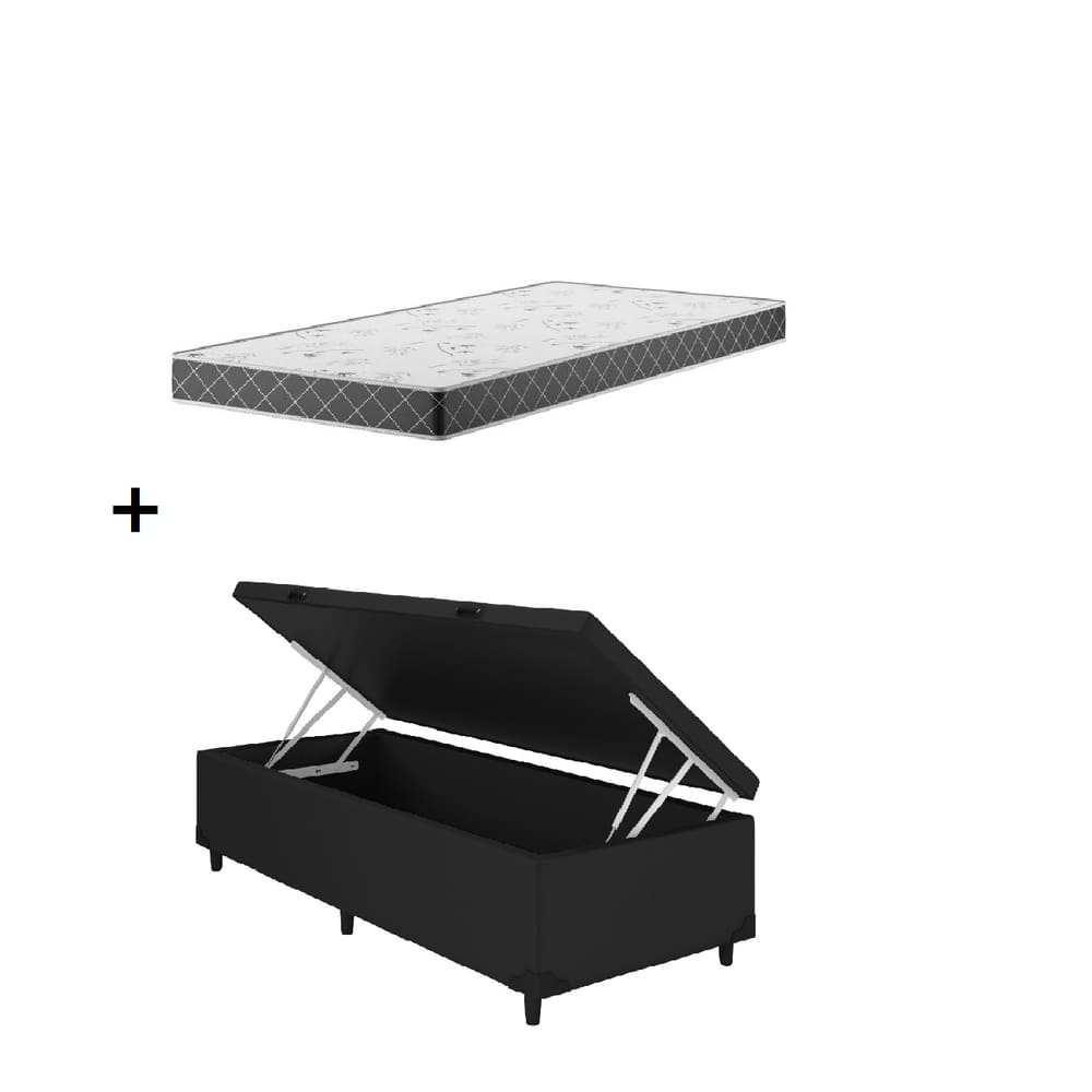 Cama Box Baú Solteiro Preto Colchão D20 88x188x12