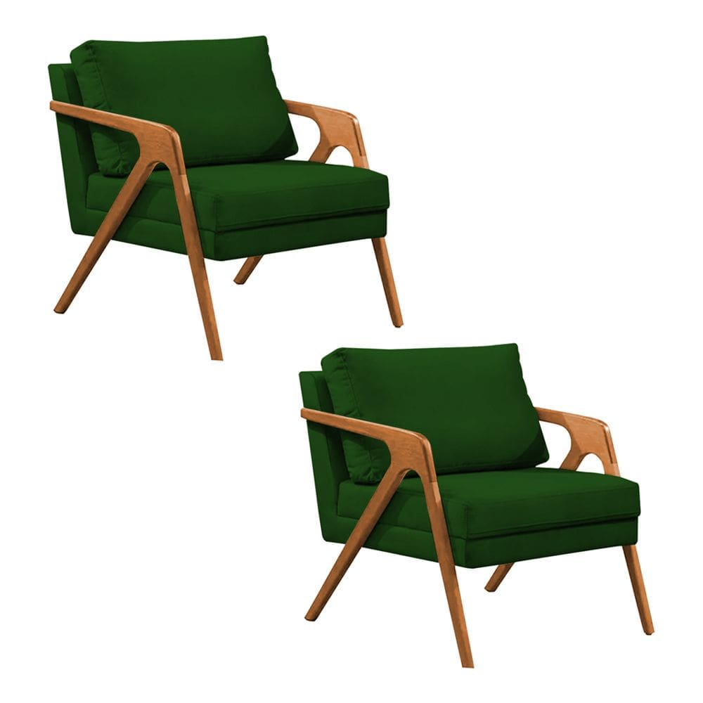 Kit 2 Poltronas Mona Luxo Base Madeira Maciça Veludo Verde