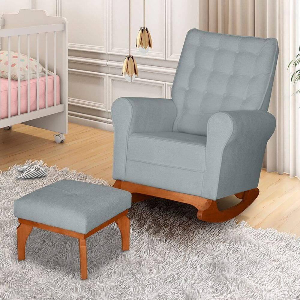 Poltrona de Amamentação com Balanço Bouclê com Puff Paris Azul Claro