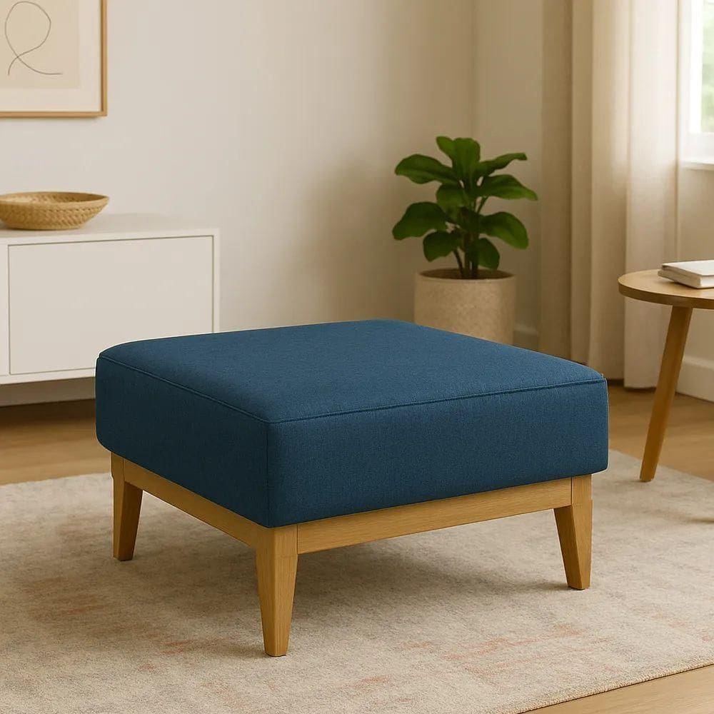 Puff Luxo Corino Retangular Base Mesa Madeira Lar & Estilo Azul