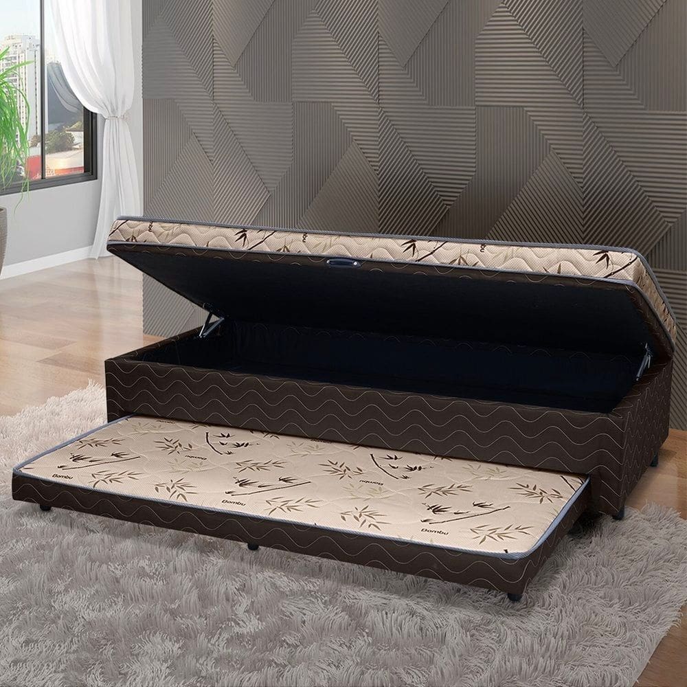 Cama Box Solteiro Ortopédica Conjugada Baú com Cama Auxiliar 88cm X 51cm D28 Laura Marrom Bambuzinho