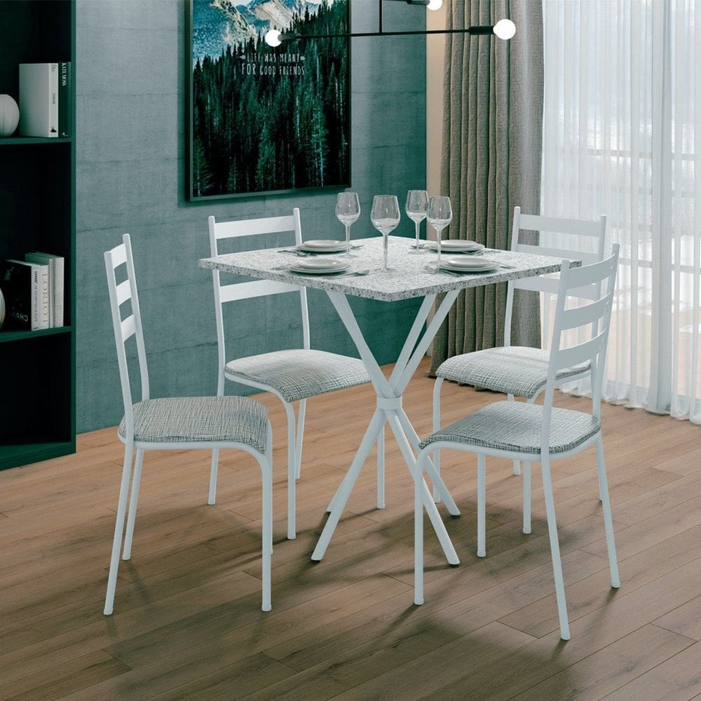 Conjunto Mesa com 4 Cadeiras 541.sli e Tampo Quadrado Diamante Branco/Cinza