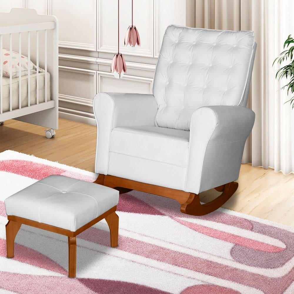 Poltrona de Amamentação Sintético com Balanço e Puff Paris Branco