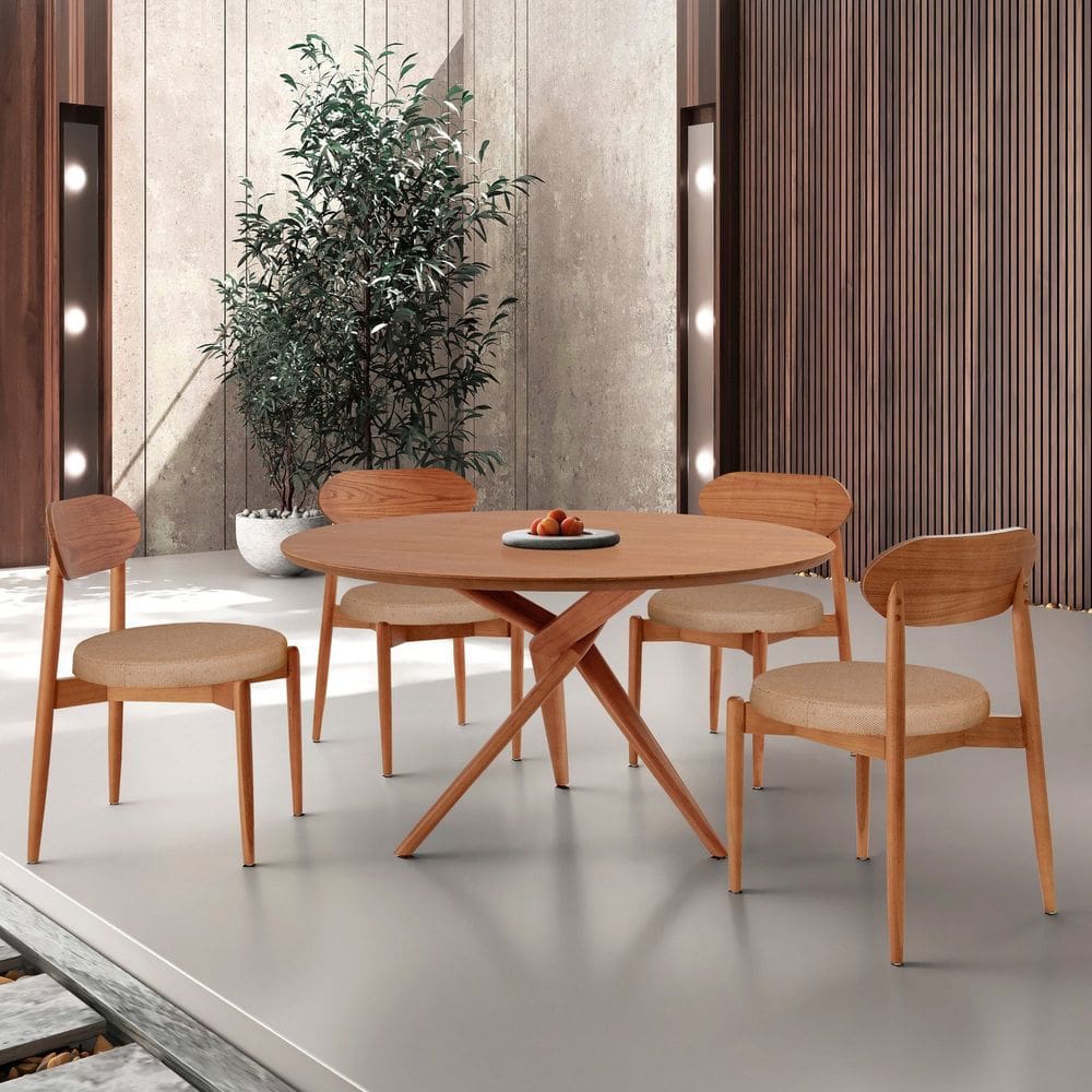 Conjunto Sala de Jantar Mesa 135cm Tampo Redondo Laminado e 4 Cadeiras Hope Palha / Imbuia Natural