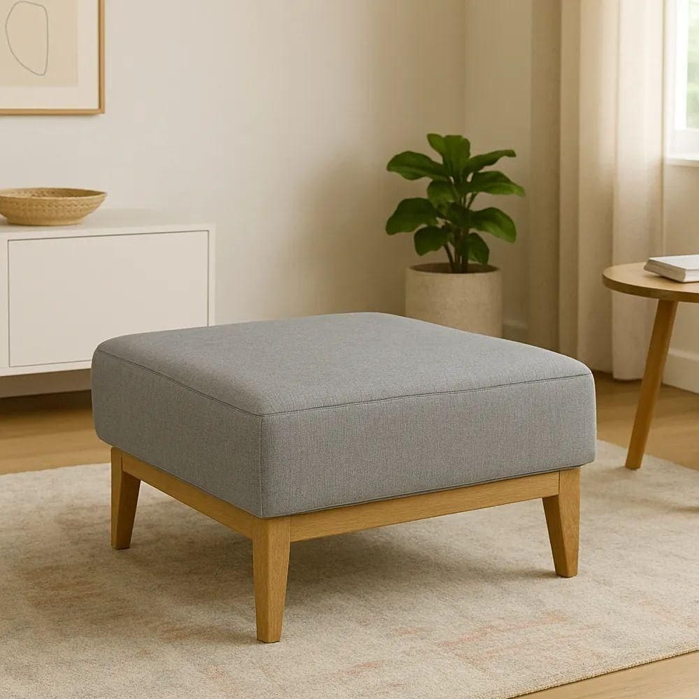 Puff Luxo Corino Retangular Base Mesa Madeira Lar & Estilo Cinza