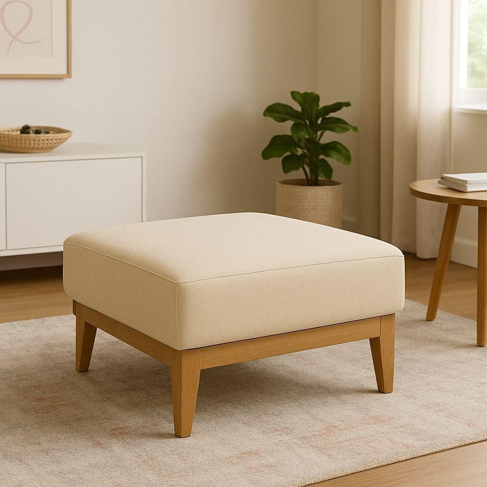 Puff Luxo Corino Retangular Base Mesa Madeira Lar & Estilo Bege
