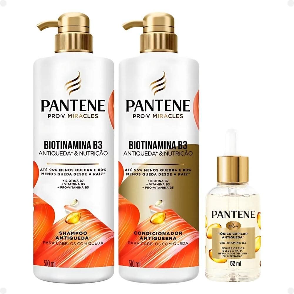 Kit Pantene Biotinamina B3: Tratamento Completo Antiqueda e Nutrição para Cabelos Fortes - Shampoo 510ml, Condicionador 510ml e Tônico 52ml