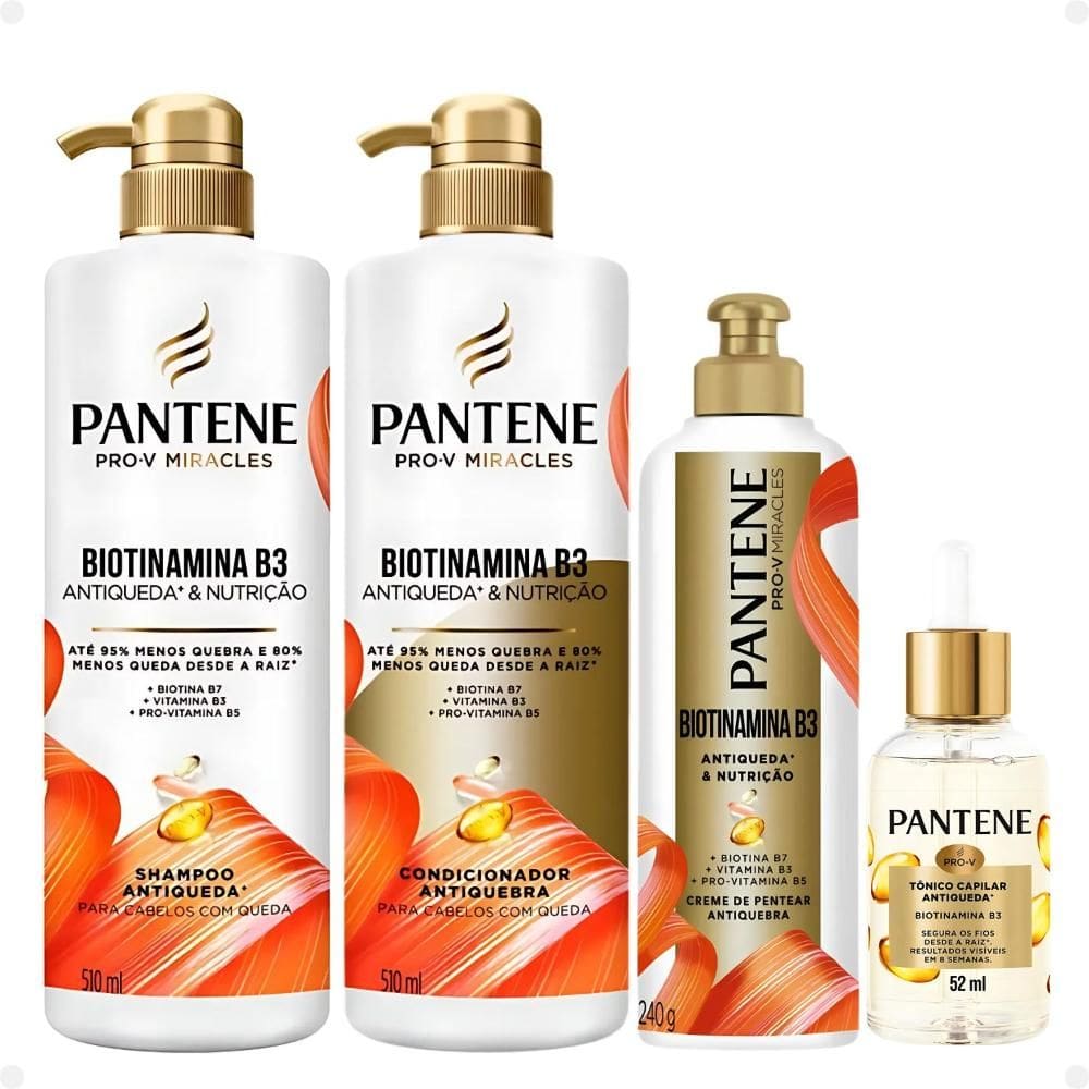 Kit Pantene Biotinamina B3 Antiqueda e Nutrição: Shampoo 510ml e Condicionador 510ml + Tônico 52ml + Creme de Pentear 240g