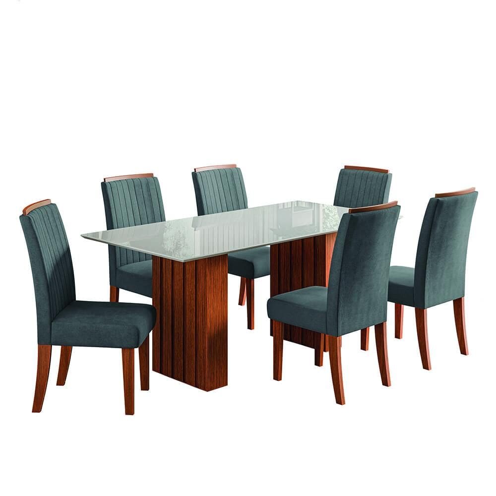 Conjunto de Mesa Sala de Jantar Ripada Tampo com Vidro Santiago 1,80m 6 Cadeiras Grécia Dobuê