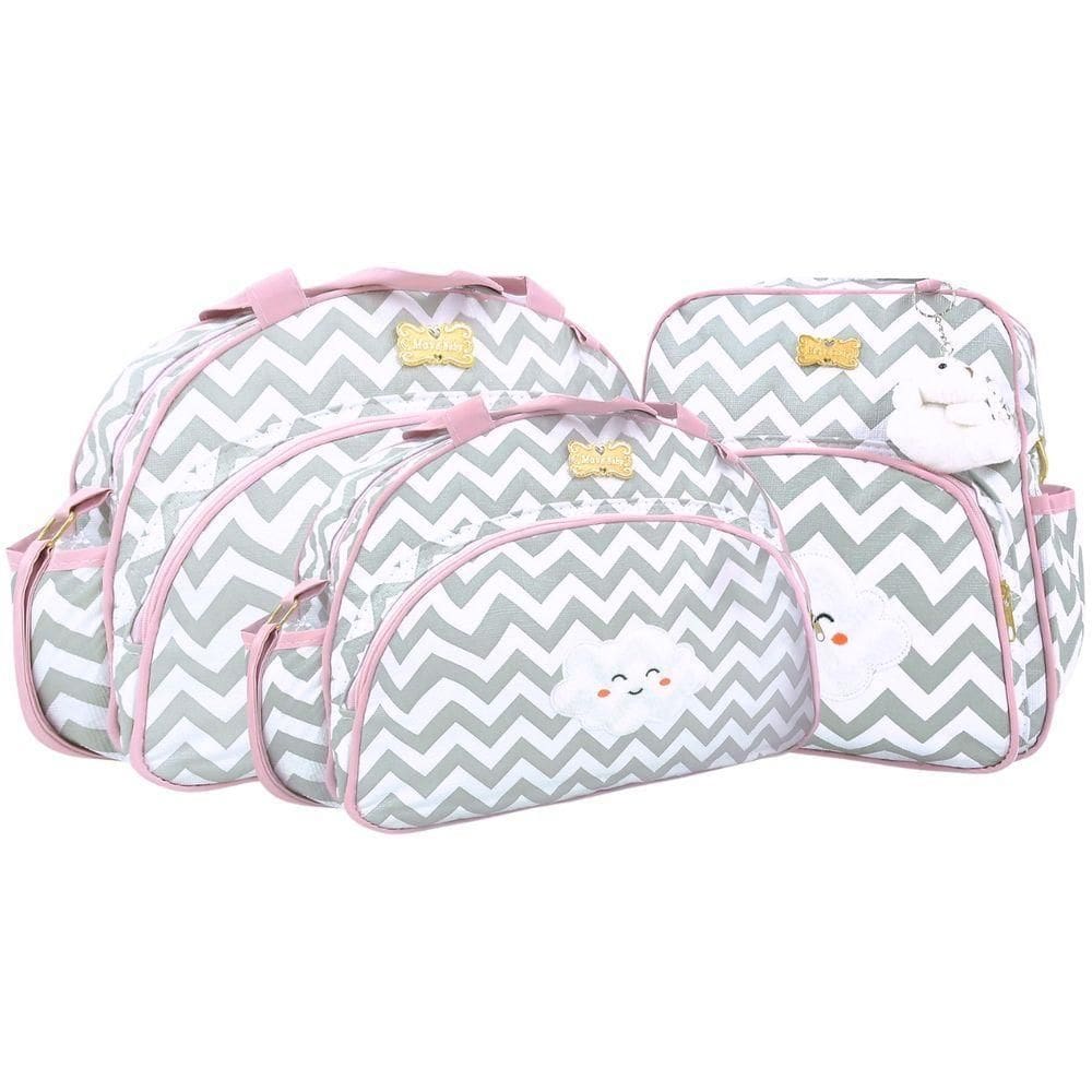 Kit Bolsas Maternidade E Mochila Nuvem Baby Chevron Cinza E Rosa