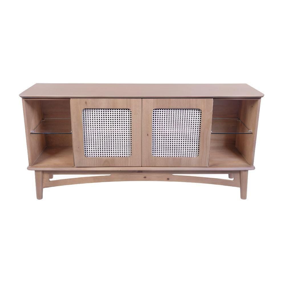 Rack Para Tv De Madeira 2 Portas Em Rattan E 2 Prateleiras De Vidro - Avelã