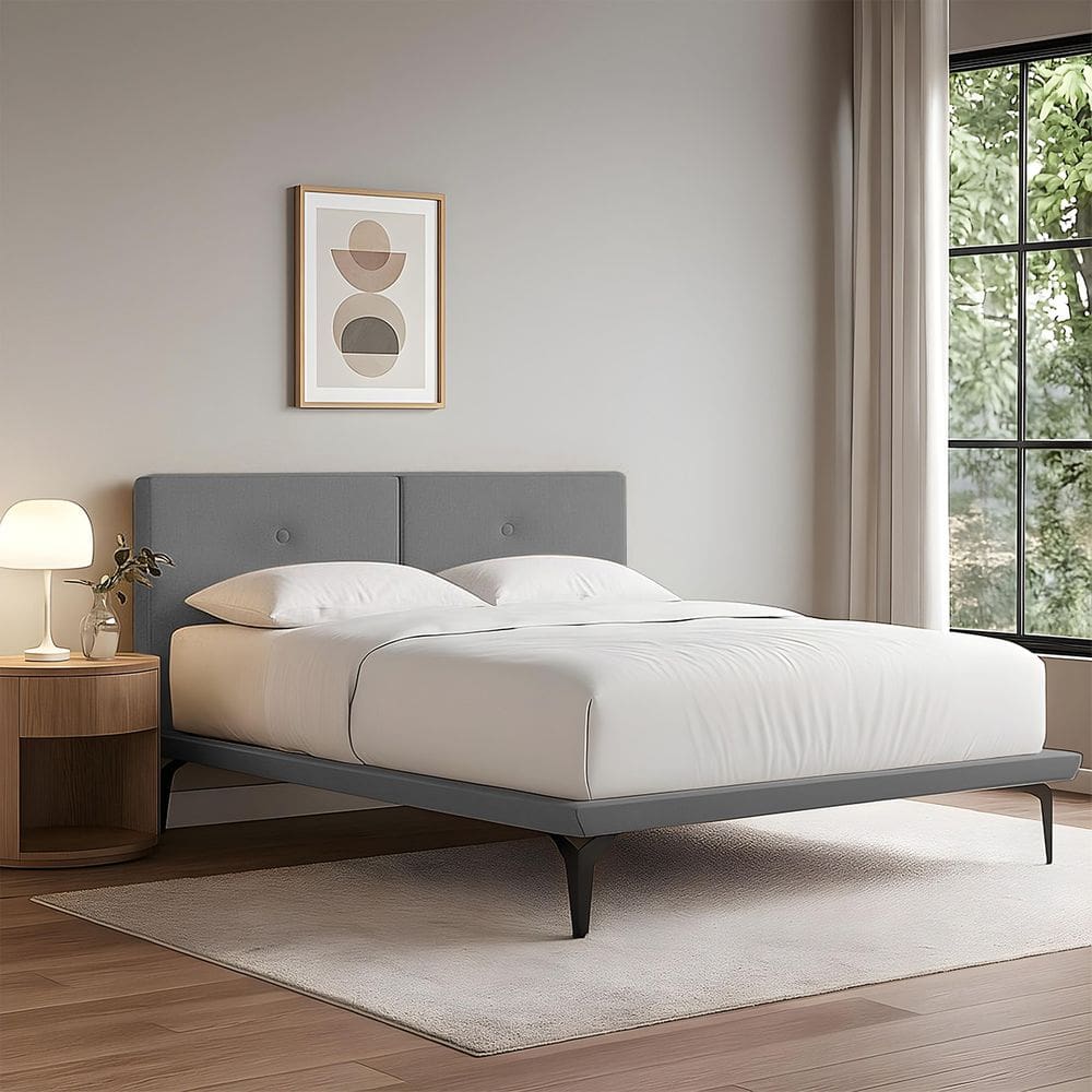 Cama Japonesa Toquio Casal com Cabeceira Almofada Linho Cinza