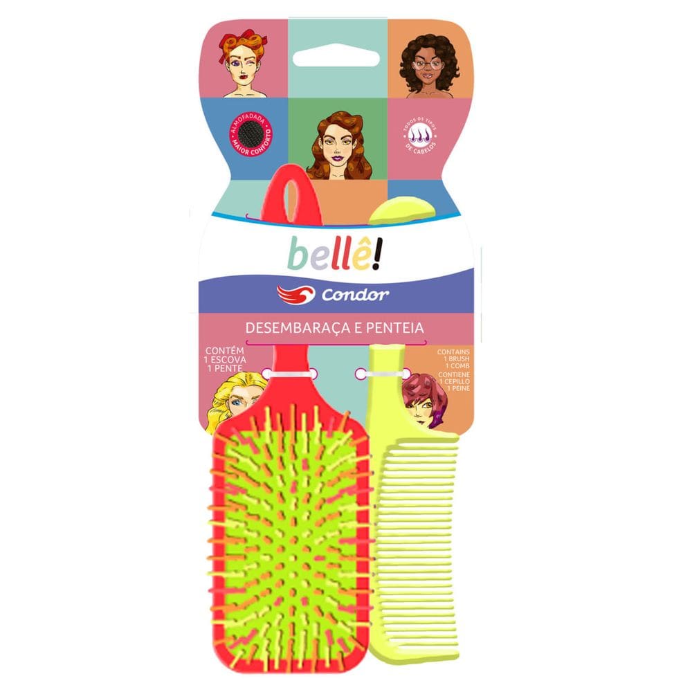 Kit Escova Raquete Almofadada + Pente Para Cabelo Condor