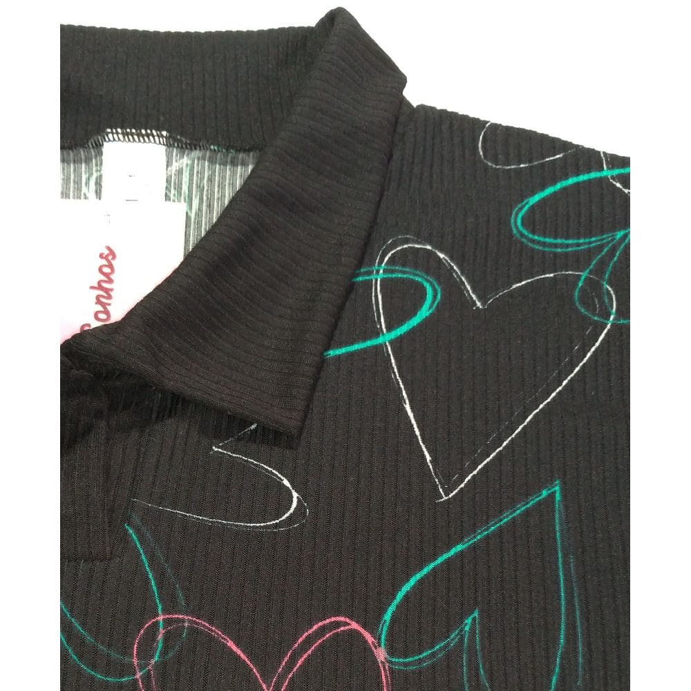 Pijama Longo Estampa Coraçao Gola Polo Calça Lisa