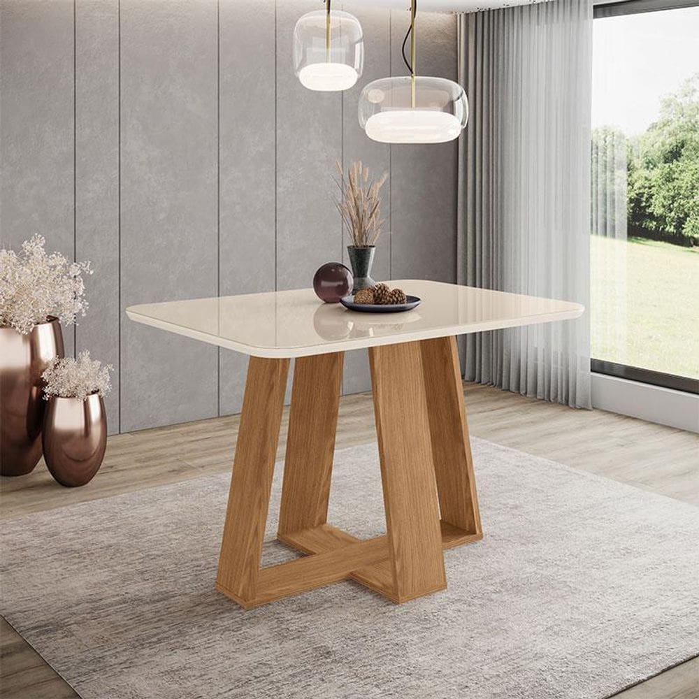 Mesa de Jantar Lins 120 cm Ambiente Canto Arredondado com Vidro Nature Off White - Henn