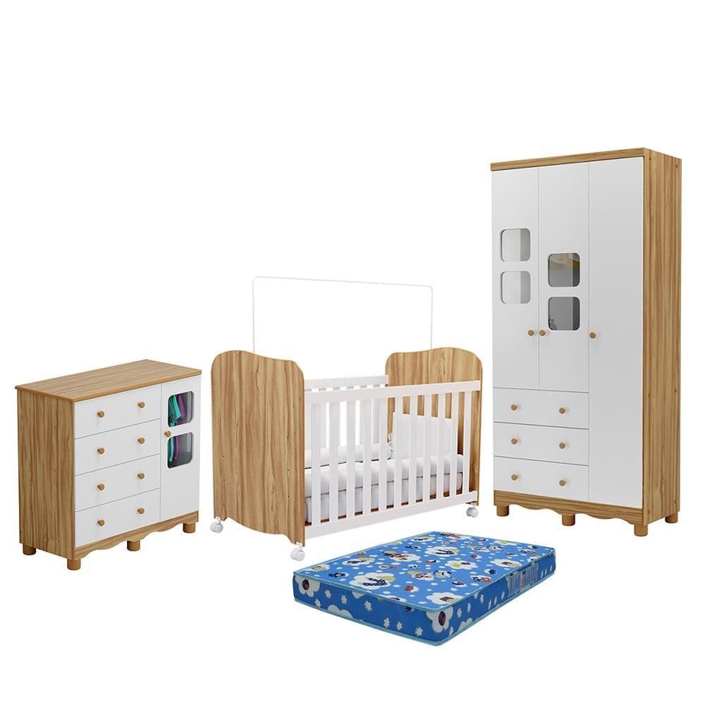 Dormitório Uli Guarda Roupa 3 Portas, Cômoda e Berço com Colchão Baby Physical - Móveis Peroba